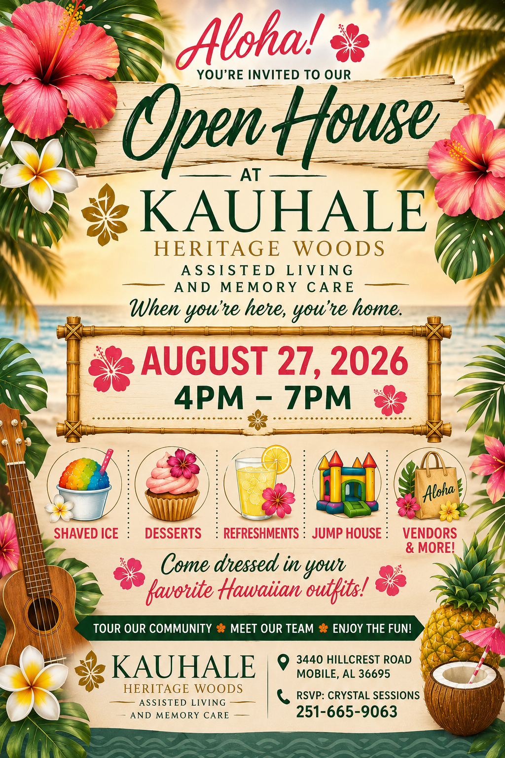 Aloha! You're invited to our Open House at Kauhale Heritage Woods Assisted Living and Memory Care. When you're here, you're home. August 27, 2026 - 4pm - 7pm
