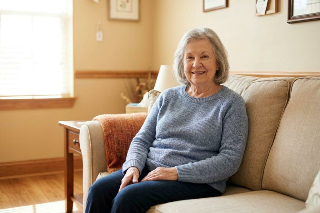 A senior in a blue sweater sitting on a beige sofa, smiling, in a sunlit living room.