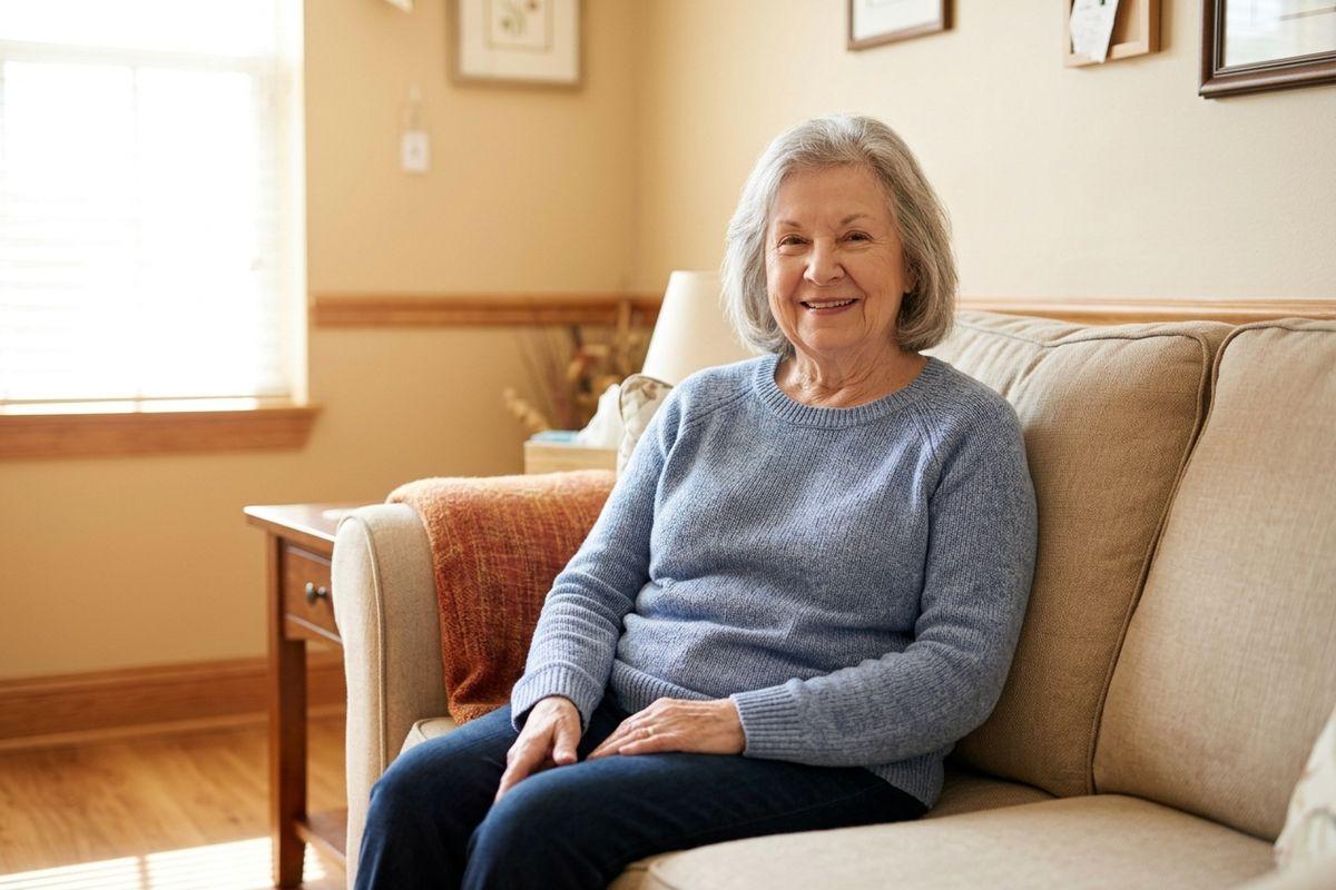 A senior in a blue sweater sitting on a beige sofa, smiling, in a sunlit living room.