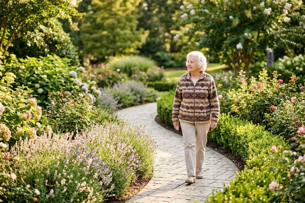 A senior smiles while walking along a winding stone path through a garden with lavender, roses, and green shrubs.