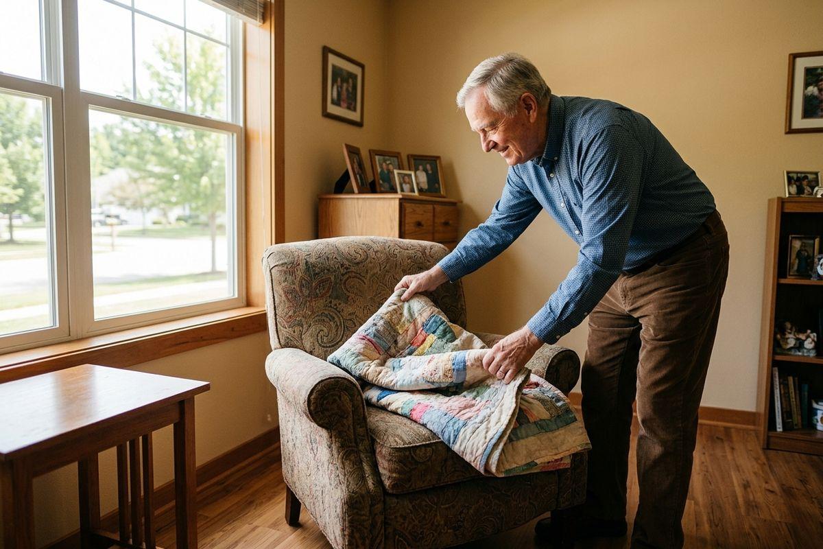 A senior smiles while draping a patchwork quilt over an armchair in a sunlit living room.