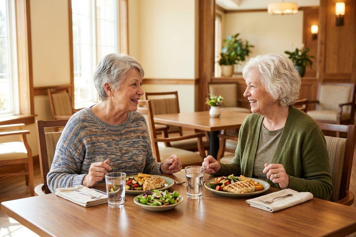 Two seniors smile at each other over plates of chicken, vegetables, and salad at a dining table.