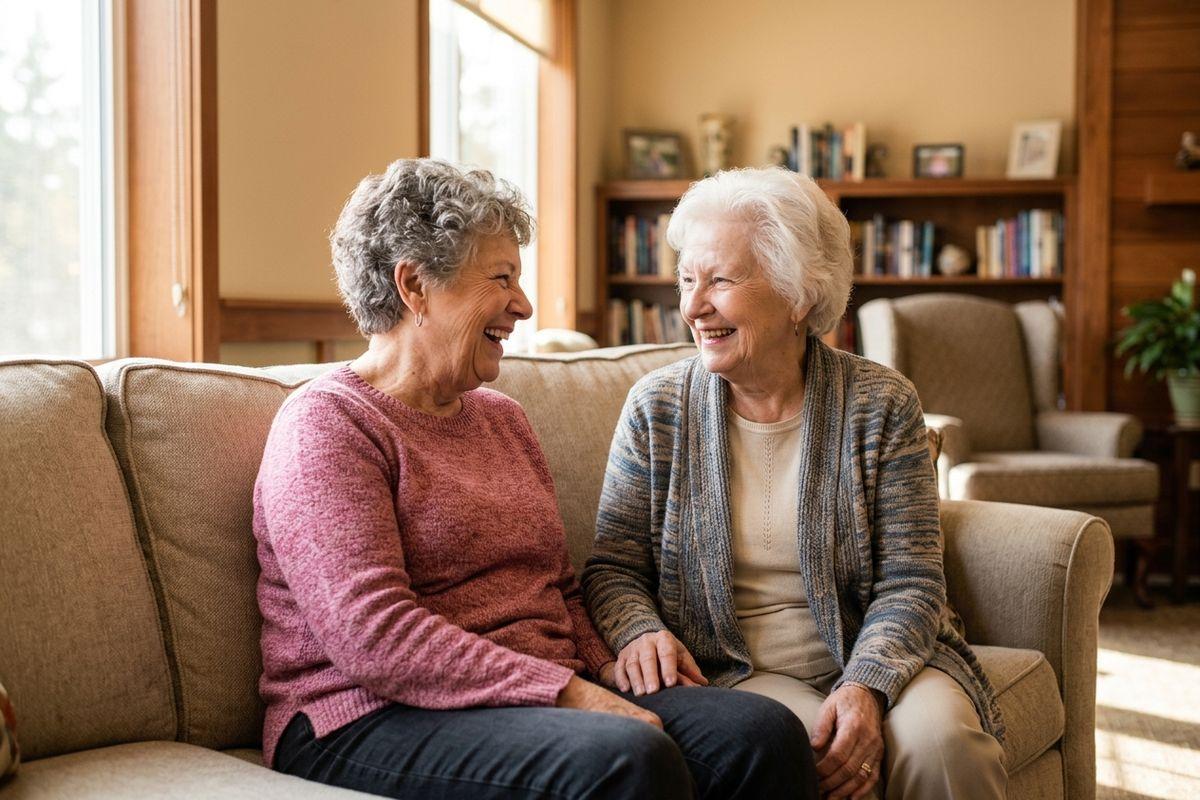 Two older adults sit together on a sofa, laughing while looking at each other, in a cozy living room with bookshelves.