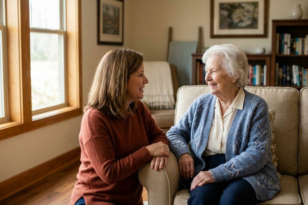 A senior and a younger adult smile at each other in a living room as the senior sits on a sofa.