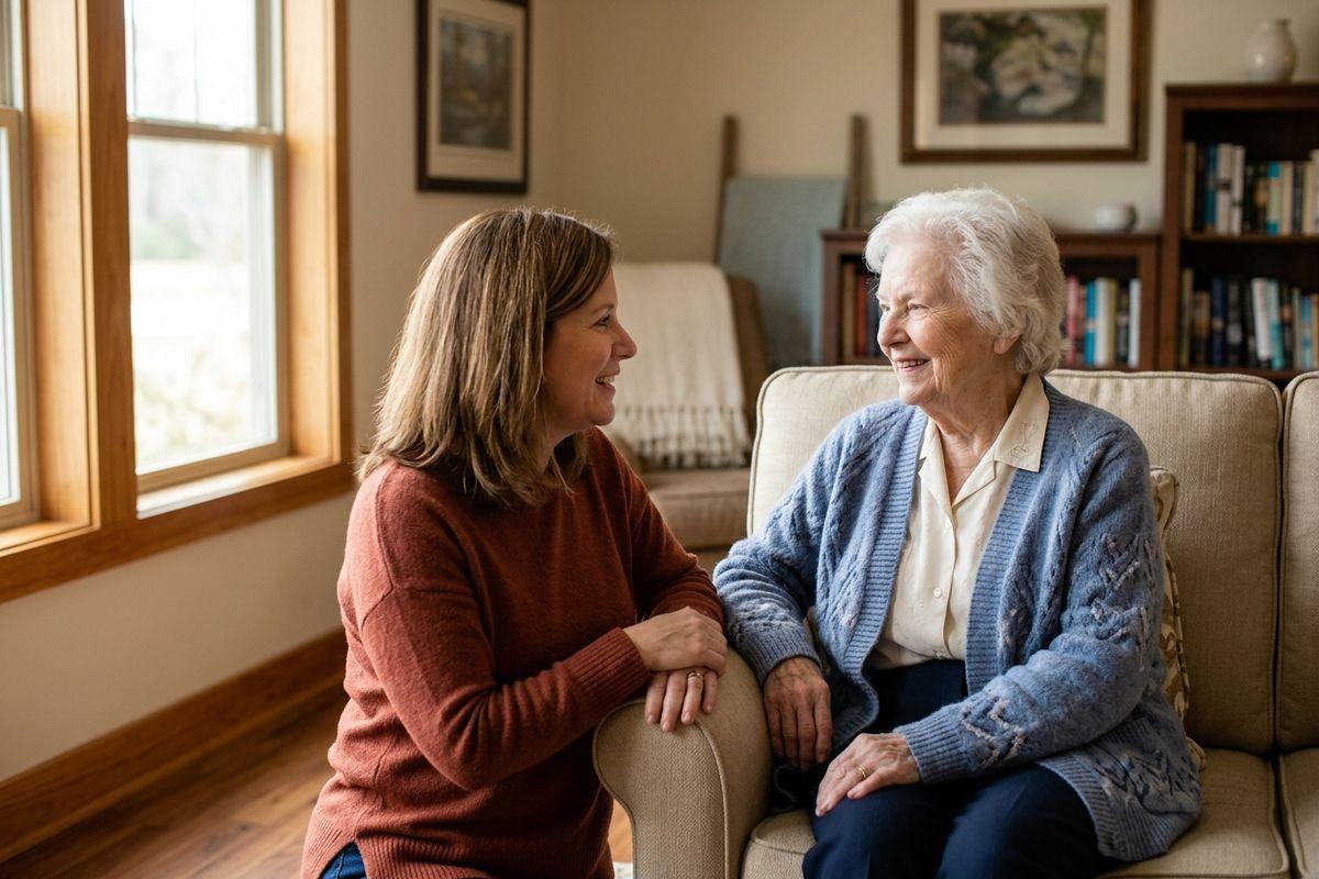 A senior and a younger adult smile at each other in a living room as the senior sits on a sofa.